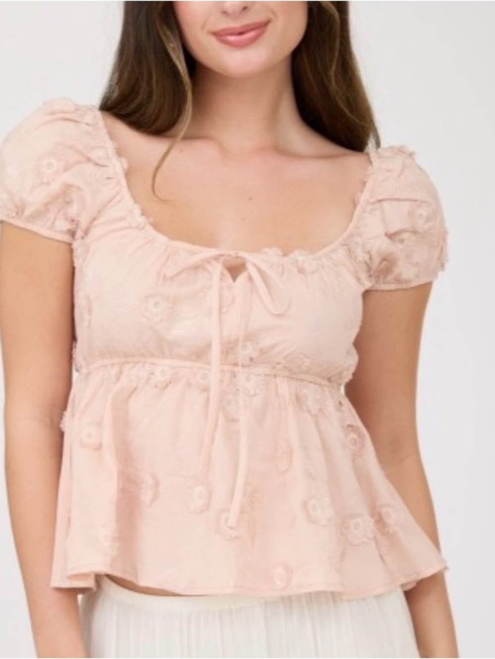 Blu Pepper Blush Embroidered Peplum Tie-Front Top